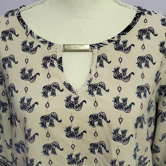 Lodys Cream Elephant Boho Hippie 3/4 Sleeves Retro Boxy Top - Picture 2 of 8